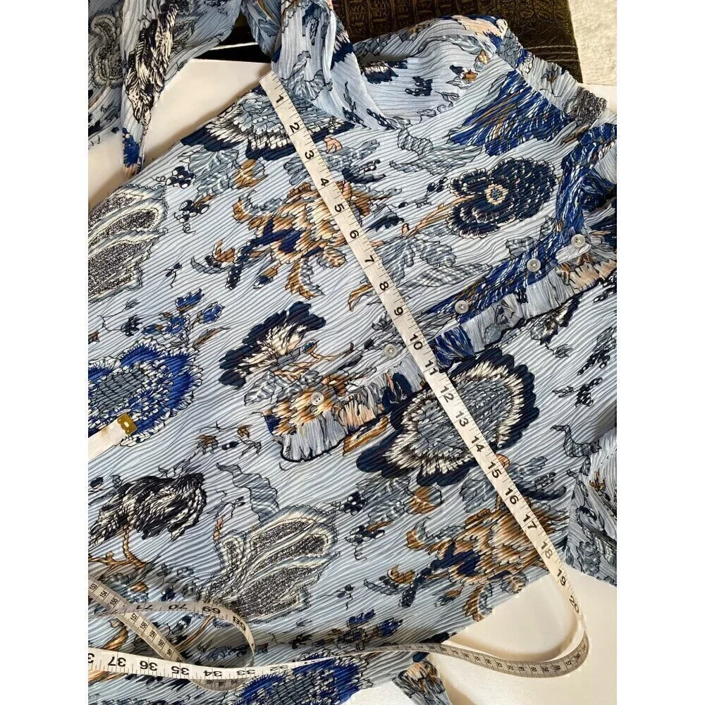 Tory Burch Deneuve Paisley Dress Size 0 Blue Crinkle Floral Ruffle Long Sleeve - Picture 12 of 14